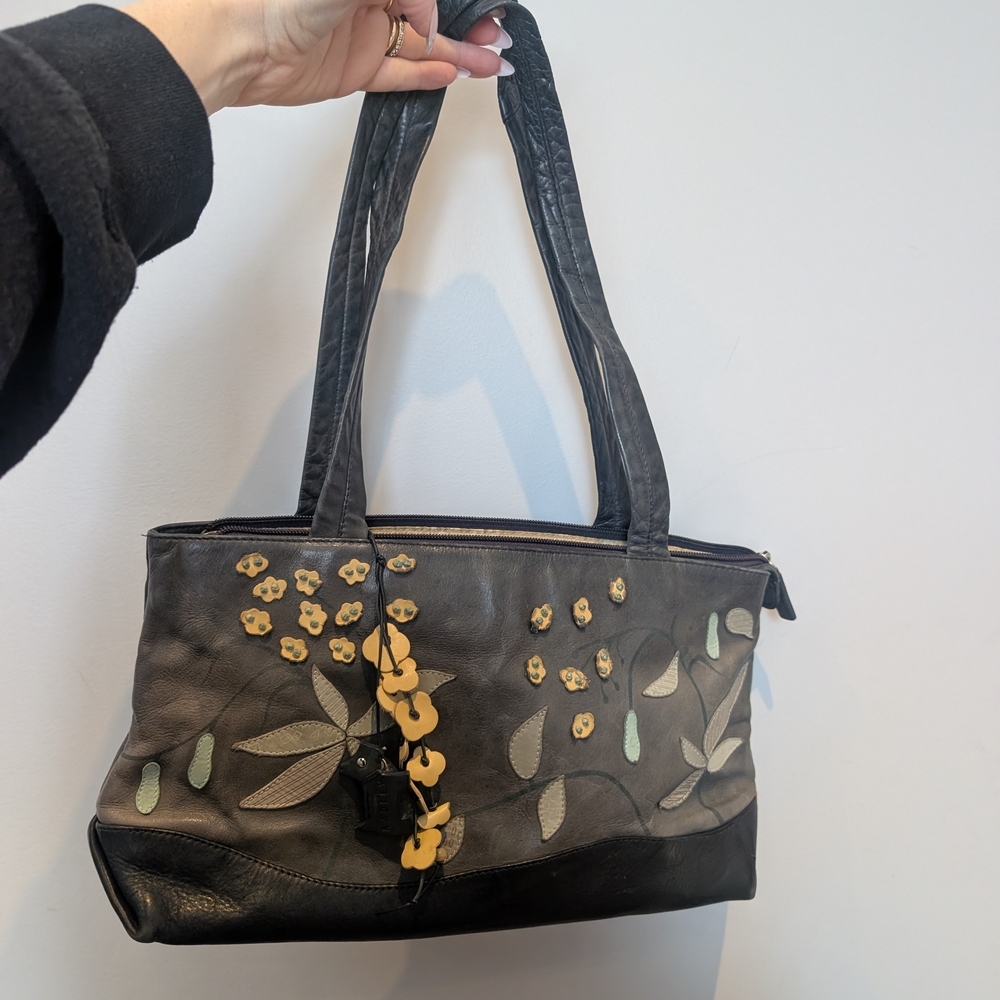 Radley Floral Appliqué Leather Hand Bag - Black Grey with Yellow Accents - Picture 2 of 11